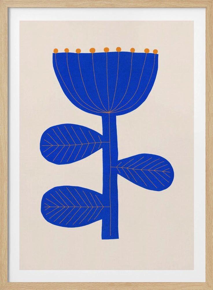 A minimalist graphic illustration of a single blue flower with orange line details against a cream background, enclosed in a thin black frame. The flower has a large, bell-shaped bloom and several rounded leaves on its thick stem. Print