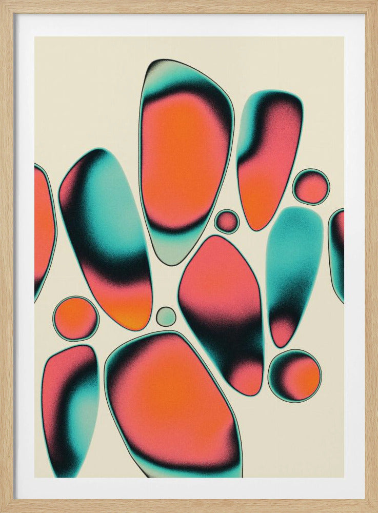 A modern abstract art print featuring a collection of smooth, rounded, organic shapes against a cream background. The shapes have a grainy, airbrushed texture and a vibrant color gradient, shifting from teal to bright orange and pink, with deep black shadows that give them a three-dimensional appearance. The artwork is displayed within a simple black frame. Print