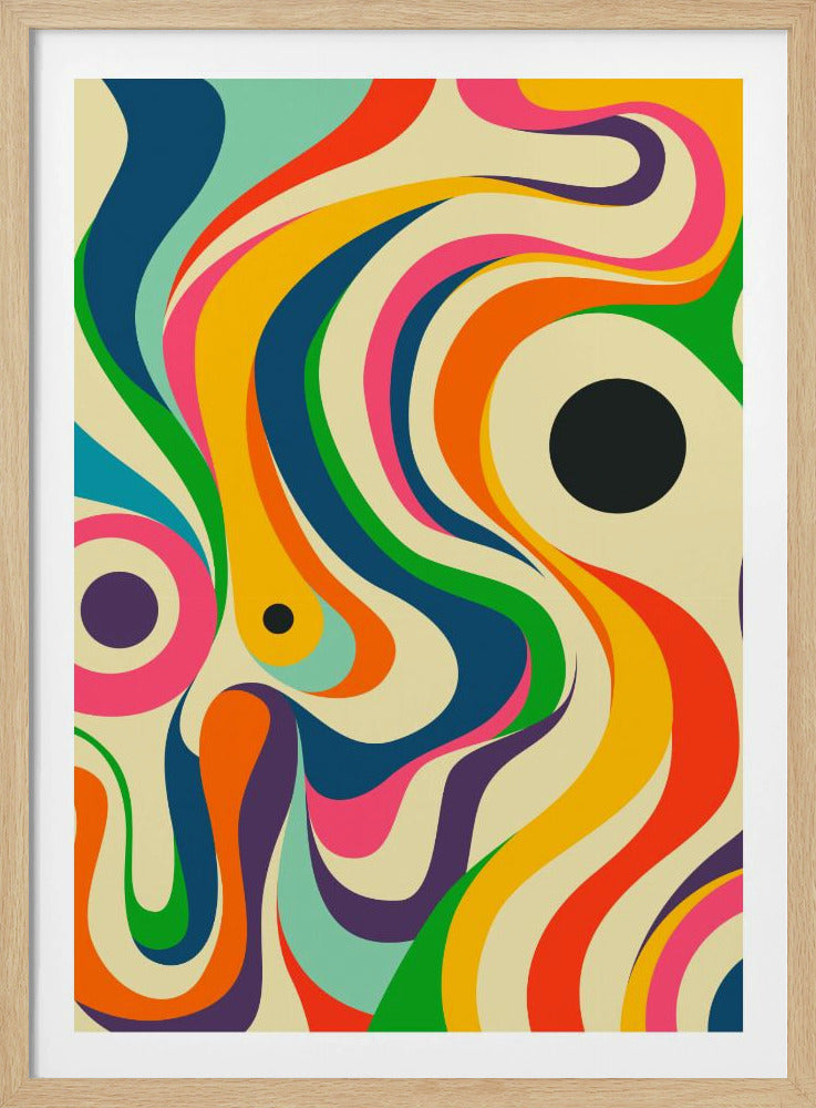 A vibrant, retro-style abstract artwork featuring swirling, flowing bands of bright colors including orange, yellow, blue, pink, and green on a cream-colored background. The dynamic composition includes several circles, notably a large black circle on the right and a pink and purple bullseye on the left, creating a psychedelic and energetic feel. The piece is enclosed in a simple black frame. Artwork