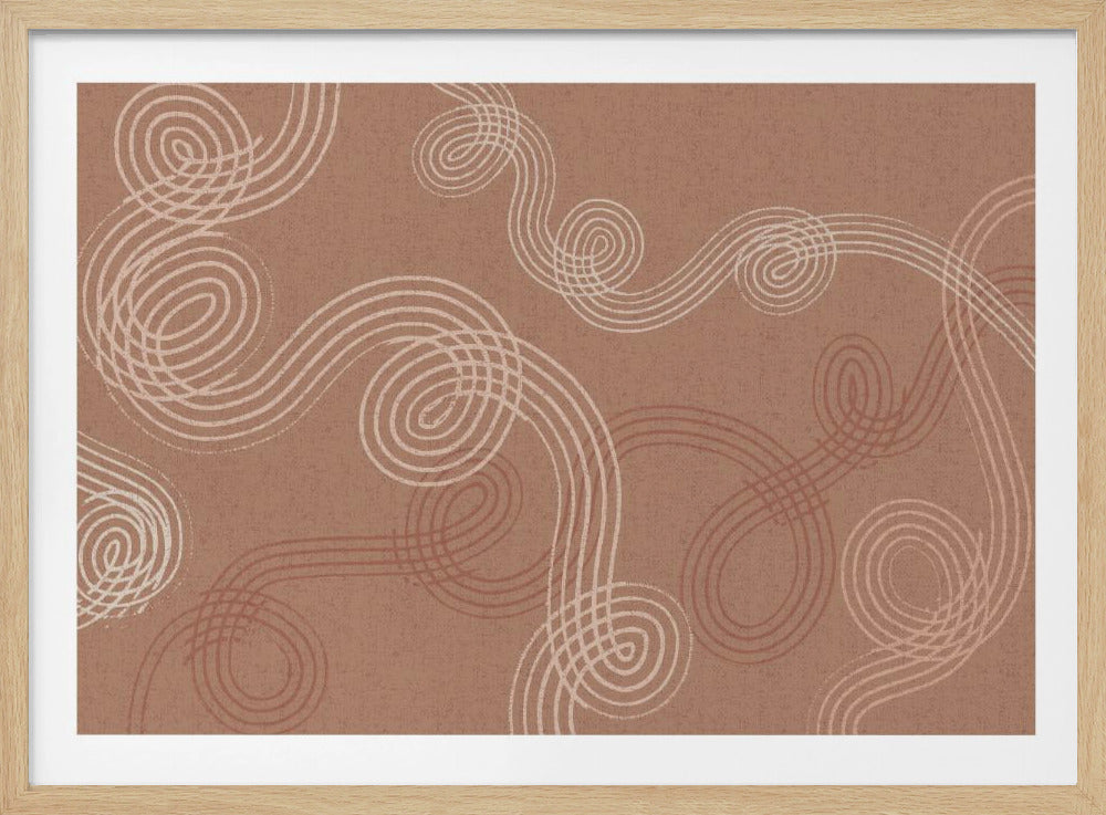 An abstract artwork featuring swirling, looping lines in cream and a darker terracotta color set against a textured, dusty rose background. The entire piece is framed with a brushed silver border. Poster
