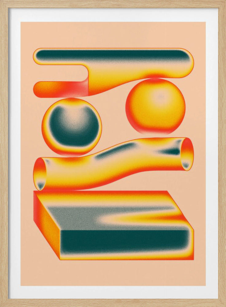 An abstract art print featuring a collection of floating, three-dimensional shapes with a grainy texture against a pale peach background. The shapes have a vibrant color gradient shifting from dark teal to yellow and orange, giving them a glowing appearance. Poster