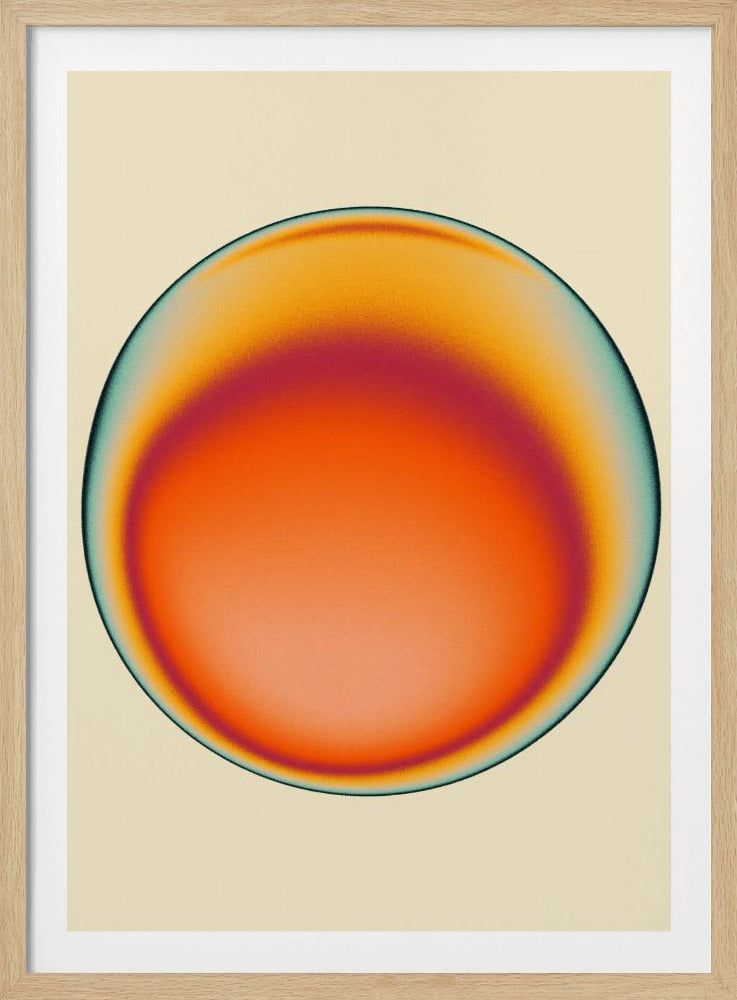 An abstract art print in a black frame featuring a large, glowing orb centered on a cream background. The orb has a grainy texture and a vibrant gradient of colors, starting with bright orange and red in the center, shifting to yellow, and ending with a thin blue-green halo. Artwork