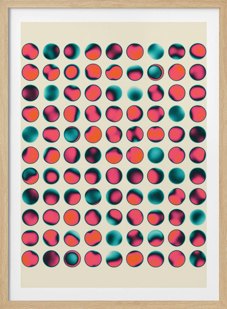A modern abstract art print in a black frame, featuring a grid of 70 circles on an off-white background. Each circle contains a unique, grainy gradient blend of vibrant pink, orange, and teal. Decor