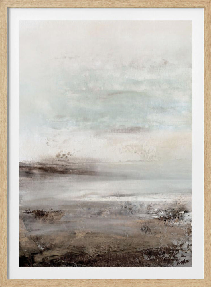 A vertical abstract painting in a thin black frame, featuring a muted and serene color palette. The composition resembles a misty landscape, with a light, off-white and pale blue-gray sky transitioning into a textured foreground of beige, brown, and taupe horizontal brushstrokes. Poster