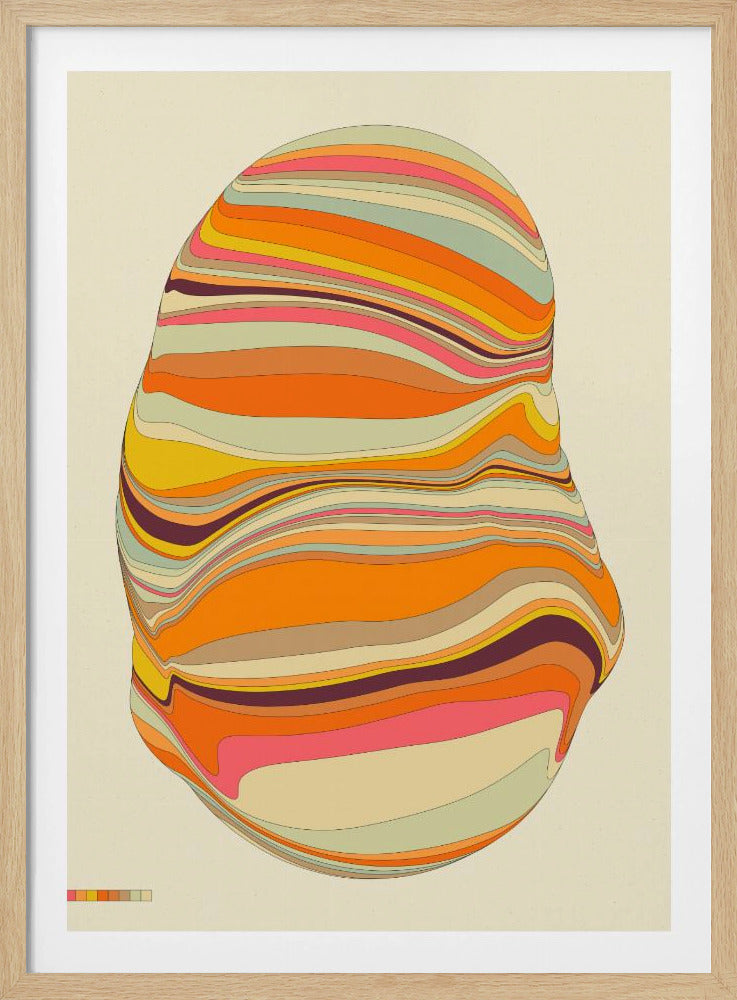 An abstract art piece featuring a large, organic, blob-like shape on a light cream background, enclosed in a black frame. The shape is composed of many thin, horizontal, undulating stripes in a retro color palette of orange, pink, yellow, sage green, and dark purple. Poster