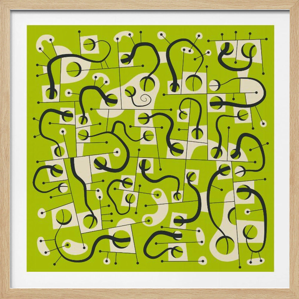 A mid-century modern abstract artwork in a light wood frame, featuring a vibrant lime green background with a complex pattern of thick, flowing black lines and off-white geometric shapes with circular cutouts, creating a dynamic and playful composition. Decor