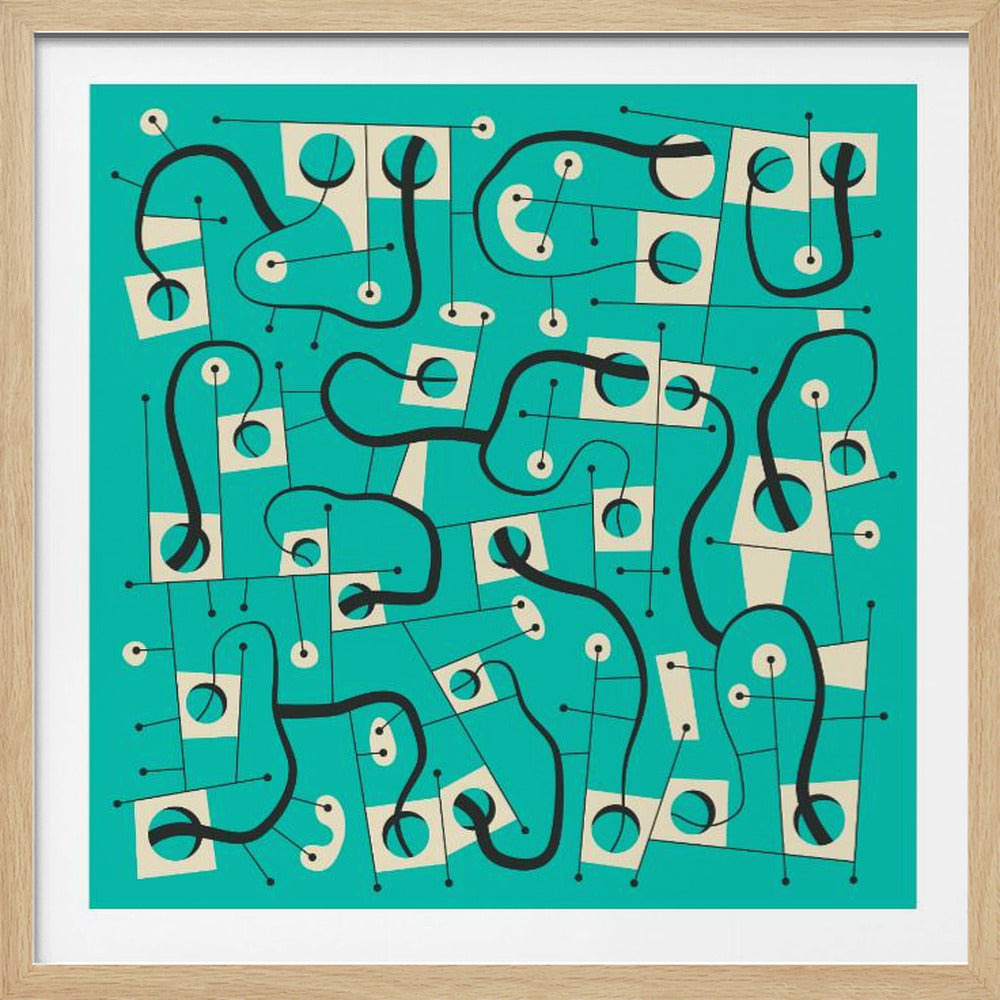 A mid-century modern abstract artwork in a light wood frame. The piece features a vibrant teal background with a complex network of thick, flowing black lines and off-white geometric shapes, creating a whimsical, circuit-like pattern. Poster