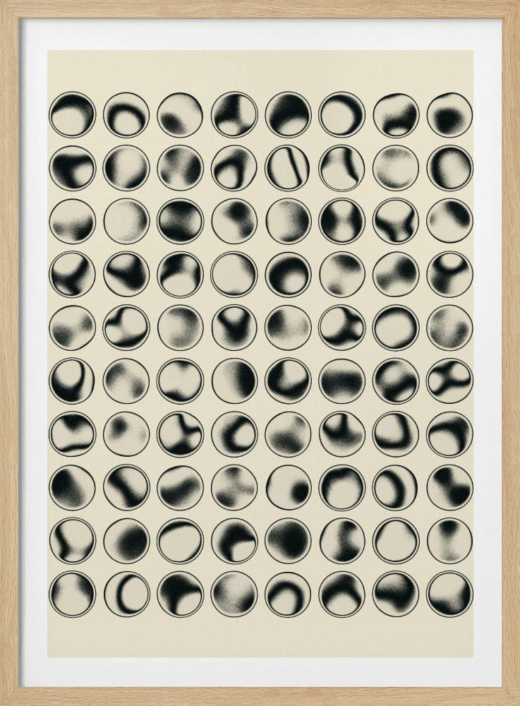 A framed abstract art print featuring a grid of 80 circles on a cream-colored background. Each circle contains a unique black and white stippled pattern, creating abstract shapes that resemble various phases or shadows. Artwork
