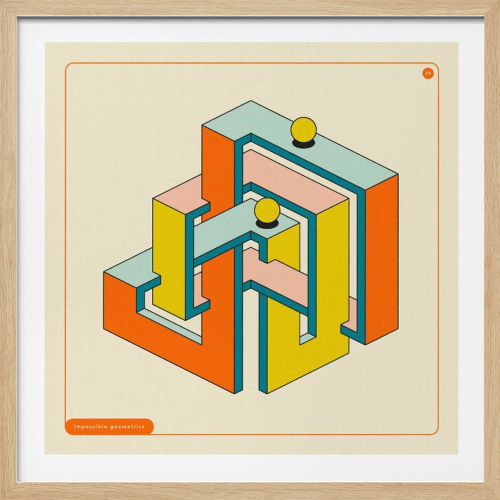 A framed art print of an impossible geometric structure in an isometric perspective. The object is rendered in a retro color palette of orange, yellow, light blue, and pink, with two yellow spheres resting on its surfaces. The background is a solid cream color. Artwork