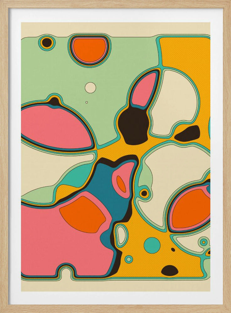 A retro-style abstract artwork featuring large, rounded, organic shapes in pastel green, bright pink, teal, and orange. The shapes are outlined with multiple concentric lines in various colors and black, creating a sense of depth and separation against a dotted orange and off-white background. The overall composition is vibrant and has a groovy, 1970s aesthetic, all enclosed within a thin black frame. Decor