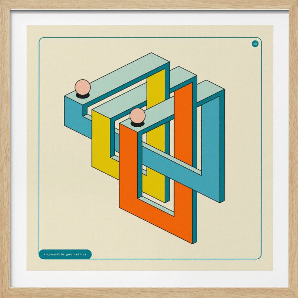 A framed art print of an impossible geometric shape against a cream-colored background. The interlocking rectangular forms are colored in shades of blue, orange, and yellow, creating an optical illusion. Two small pink spheres rest on the structure. The piece has a retro aesthetic, with 'impossible geometrics' written in the bottom left corner. Wall Art