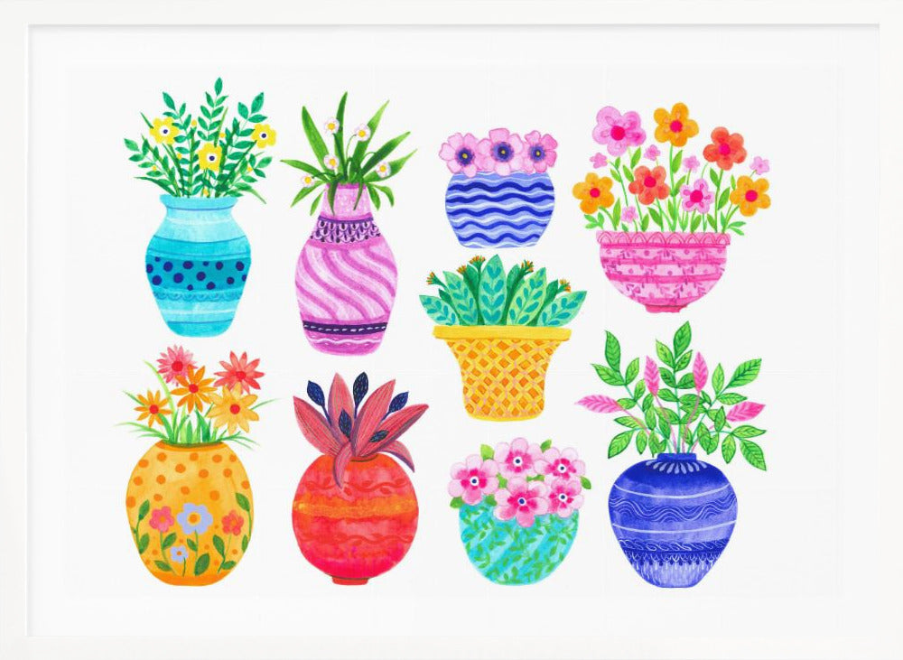 A colorful watercolor illustration featuring a collection of ten unique, patterned vases and pots, each filled with different vibrant flowers and green plants, arranged against a clean white background and framed in silver. Artwork