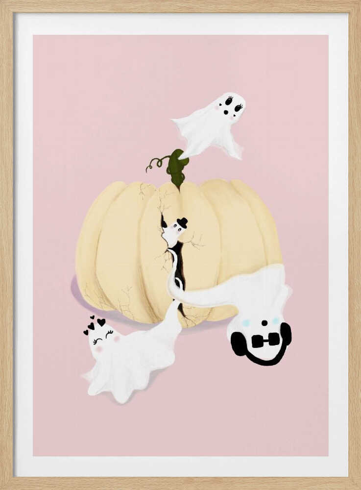 A whimsical Halloween illustration featuring a large, cracked, cream-colored pumpkin on a pale pink background, with four cute, cartoonish white ghosts playfully floating around it. One ghost wears a top hat, another a crown of hearts, a third wears headphones, and the last one has long eyelashes. Wall Art