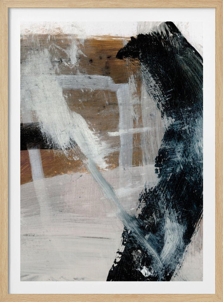 A vertical abstract painting in a black frame, featuring a bold, curved black brushstroke on the right against a layered background of white, grey, and warm brown tones. Expressive white and grey strokes cross the canvas, creating a sense of dynamic texture and depth. Print