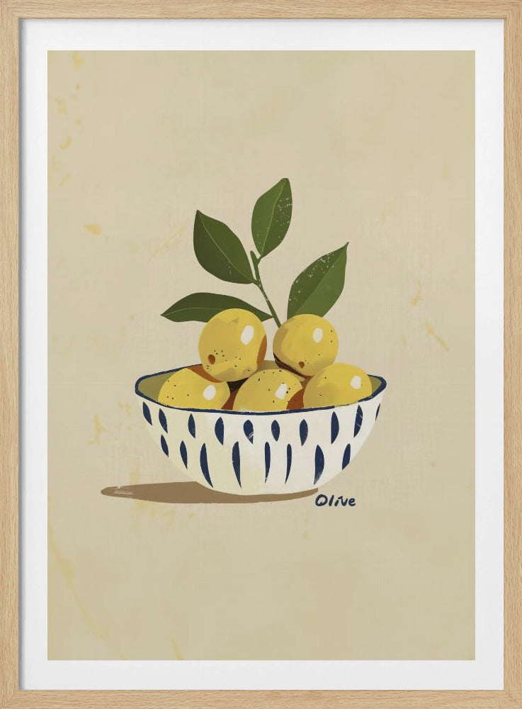 A framed still life illustration of a white bowl with a blue vertical dash pattern, filled with yellow lemons and a leafy green branch. The artwork is set against a textured, cream-colored background and is signed 'Olive' near the bowl. Print