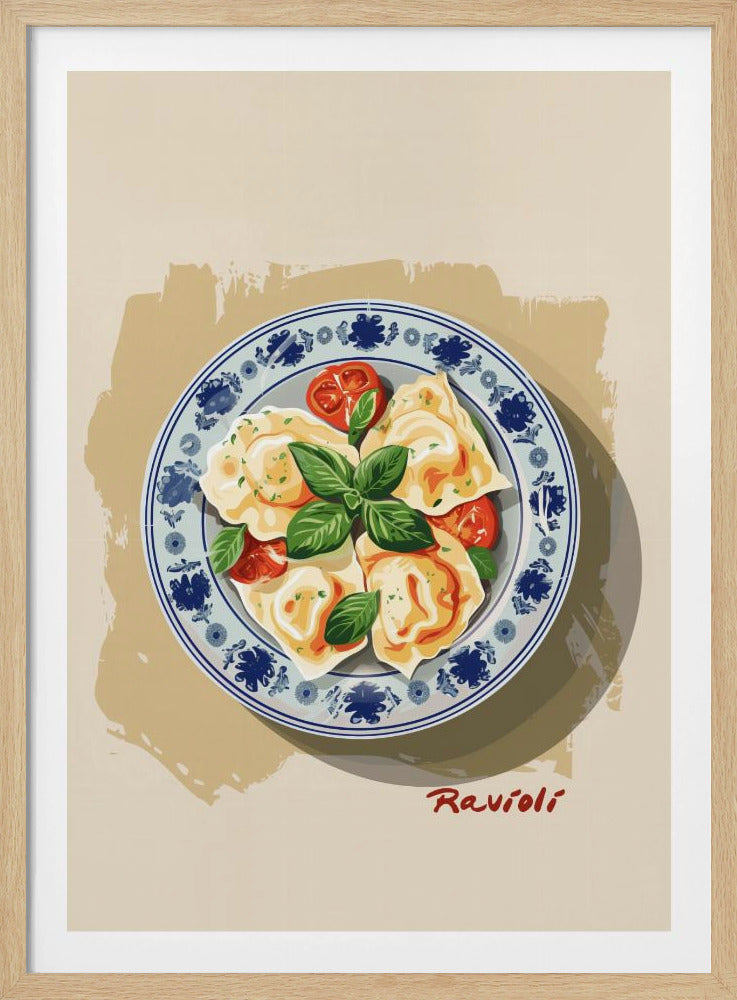 A vintage-style illustration of a plate of ravioli garnished with fresh basil and cherry tomatoes. The dish is served on a decorative blue and white patterned plate against a cream and beige background. The word 'Ravioli' is written in a cursive script at the bottom right. Print