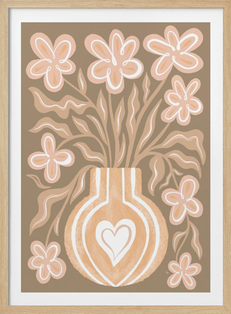 A stylized, modern illustration of a bouquet of peach-colored flowers in a matching vase against a solid taupe background. The flowers and leaves have thick, white outlines, and the round vase is decorated with concentric white lines and a central white heart. Wall Art
