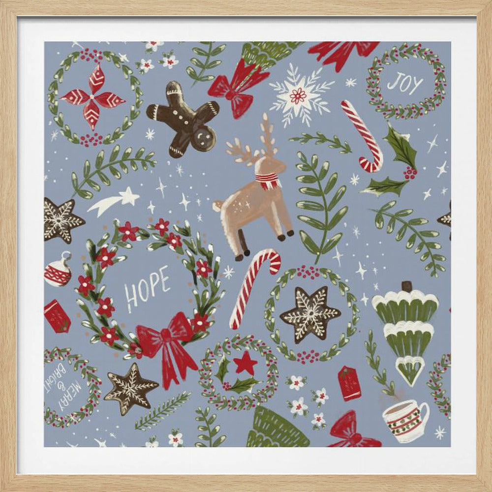 A whimsical Christmas pattern on a dusty blue background, featuring hand-painted illustrations of reindeer, gingerbread cookies, wreaths, candy canes, and festive foliage. The words 'HOPE' and 'JOY' are integrated into the design, which is presented within a light wood frame. Poster