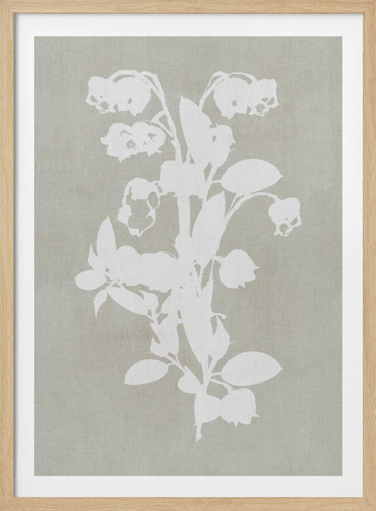 A minimalist botanical artwork in a black frame, showing a white silhouette of a Lily of the Valley stalk against a muted, textured grey-beige background. Wall Art