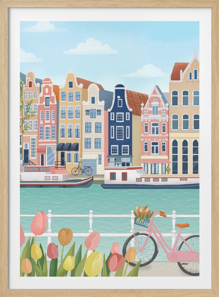 A vibrant illustration of a classic Amsterdam scene, featuring a row of colorful, traditional canal houses next to a turquoise waterway with boats. In the foreground, a pink bicycle with a basket of flowers stands near a bed of pink and yellow tulips. Print