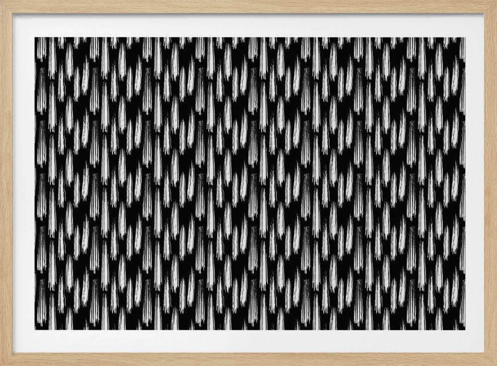 A framed abstract artwork featuring a repeating pattern of textured white vertical brushstrokes on a solid black background, encased in a simple silver frame. Print