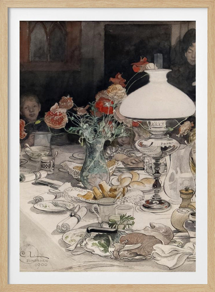 A vintage watercolor painting by C.L. Sundborn from 1900, depicting an intimate family dinner scene. A large, white oil lamp provides a warm glow over a cluttered dining table set with dishes, bread, and a vase of red poppies. Figures of children are partially visible around the table, their faces illuminated against a dark background. Print