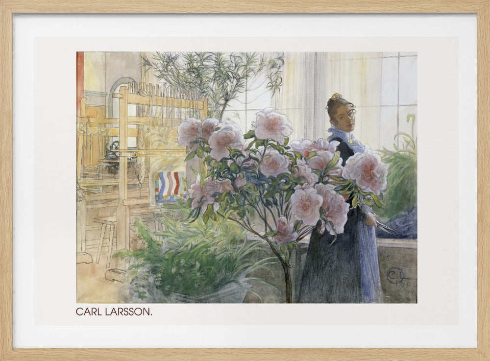 A vintage watercolor painting by Carl Larsson depicting a woman standing indoors beside a large flowering pink azalea bush. In the background, a sunlit room contains a wooden weaving loom and other potted plants. Decor