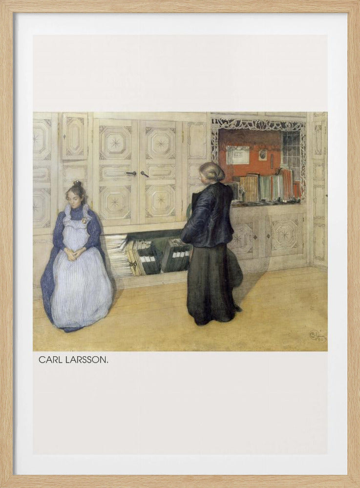 A vintage painting by Carl Larsson depicting a domestic interior. A woman in a blue dress and white apron sits against a large cream cabinet, while another woman in a dark dress stands with her back to the viewer, looking at an open shelf of books within the cabinet. Decor