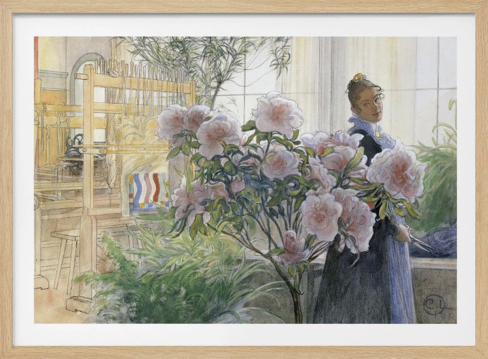 A vintage illustration by Carl Larsson titled 'Azalea', depicting a woman in a dark dress standing in a sunlit room with a large wooden weaving loom. She is partially obscured by a large, blooming pink azalea bush in the foreground. Poster