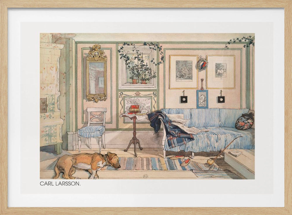 A watercolor painting by Carl Larsson of a cozy, lived-in room. A brown dog sleeps on a striped rug in the foreground, while a blue and white striped sofa sits against a pale pink wall adorned with pictures and a mirror. A traditional tiled stove stands to the left. Print