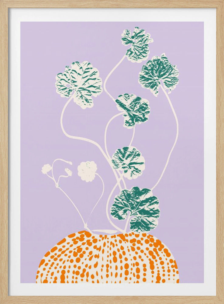 A modern, stylized illustration of a plant in a pot against a light purple background, enclosed in a black frame. The pot at the bottom is orange with off-white spots. Long, curving off-white stems rise from it, bearing textured green and off-white leaves. Wall Art