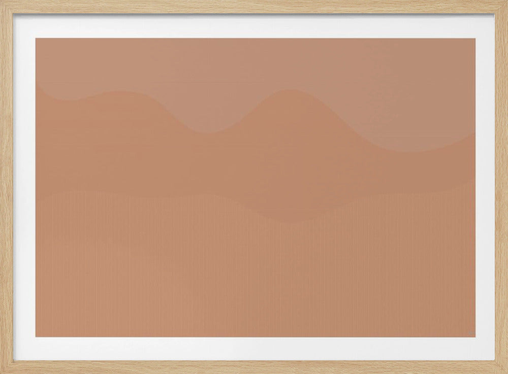 A minimalist abstract artwork with wavy, layered shapes in shades of terracotta and tan, enclosed in a brushed silver horizontal frame. Print