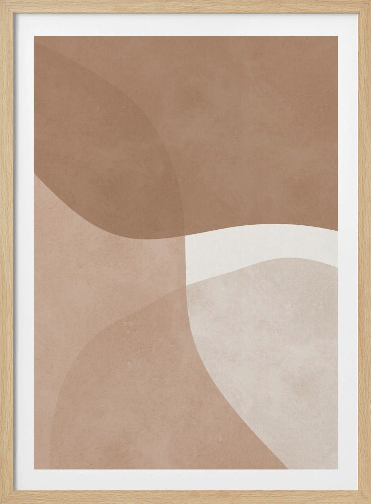 A modern abstract painting in a black frame, showcasing a minimalist composition of large, overlapping, flowing curves in a muted palette of earthy brown, tan, and creamy off-white. Decor
