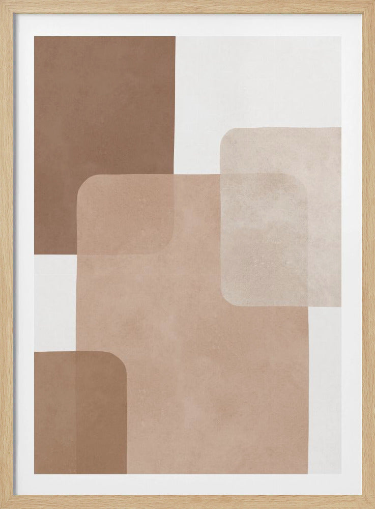 A minimalist abstract artwork in a thin black frame featuring overlapping squares with rounded corners. The color palette consists of earthy tones, including various shades of brown and beige, layered on top of each other and against a solid white background, creating a sense of depth and translucency. Print