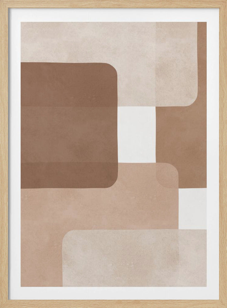 An abstract geometric artwork featuring overlapping rectangular shapes with rounded corners in a warm, earthy palette of brown, beige, and tan, accented with solid white squares. The composition is framed in black. Print