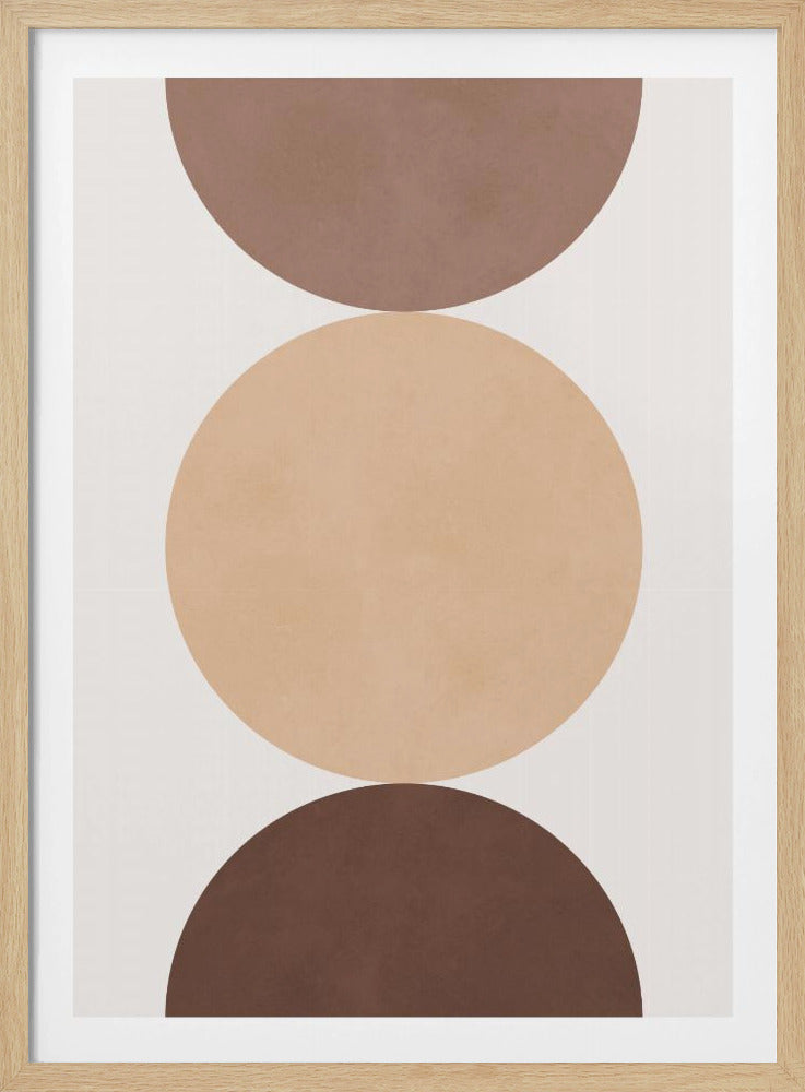 A minimalist abstract art print in a black frame, featuring a vertical stack of three large circular shapes. Against an off-white background, a muted brown semi-circle sits at the top, a full beige circle is in the center, and a dark brown semi-circle is at the bottom. Poster