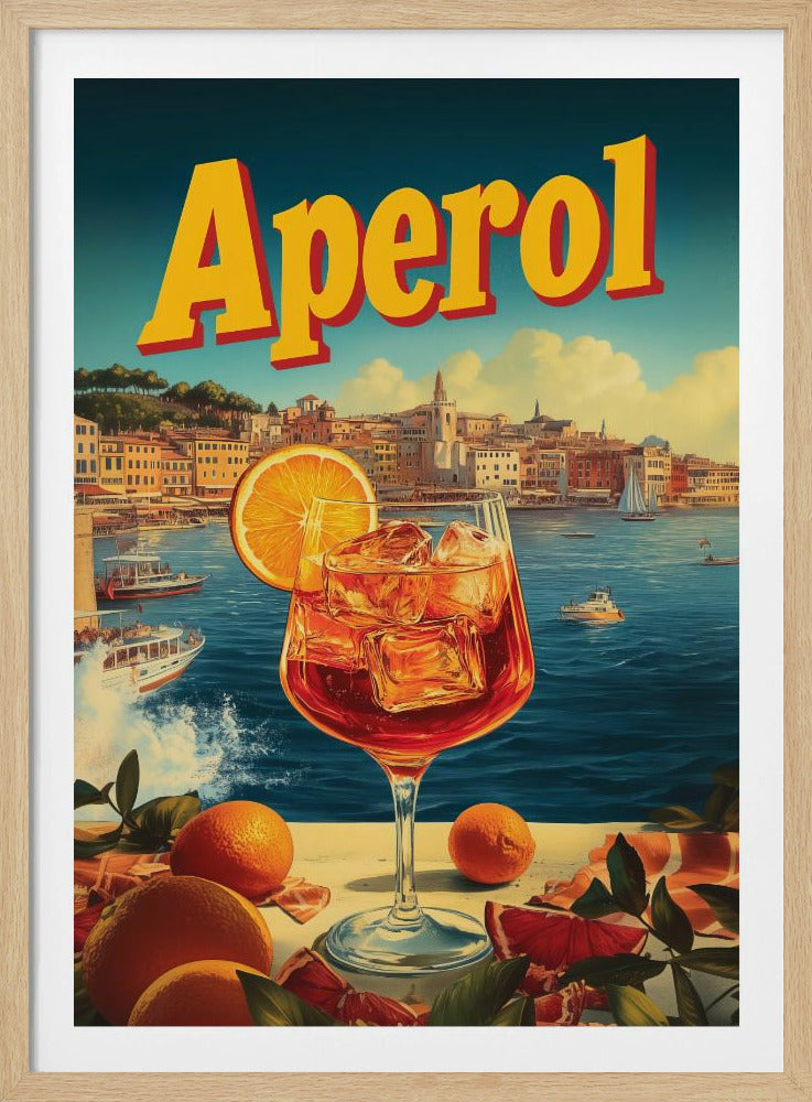 A vintage-style poster advertising Aperol, featuring a close-up of a vibrant orange Aperol Spritz cocktail in a large wine glass, garnished with an orange slice. In the background, a picturesque Italian coastal town sits by a deep blue sea with boats, under a sunny sky with fluffy clouds. The word 'Aperol' is written in large, bold yellow letters at the top. Print