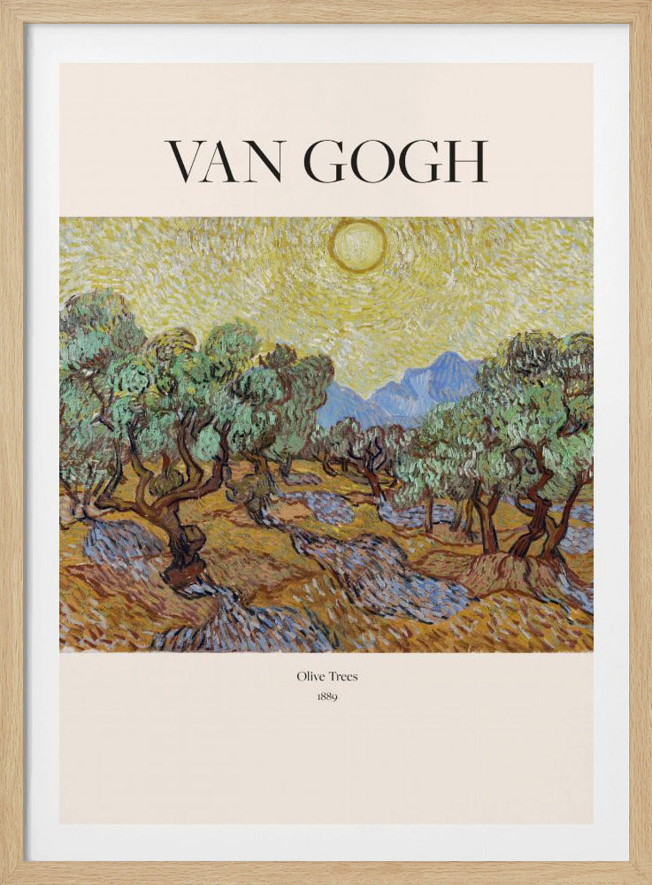 A poster of Vincent van Gogh's painting 'Olive Trees' from 1889. The image depicts a landscape with gnarled olive trees under a bright yellow, swirling sun, with mountains in the background. The poster has a cream border with 'VAN GOGH' at the top and the title and year at the bottom, all within a black frame. Print