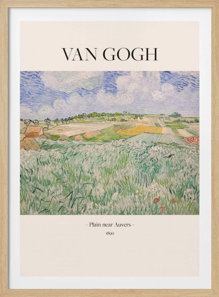 A framed art poster of Vincent van Gogh's painting, 'Plain near Auvers' from 1890. The impressionist landscape shows a vast green field in the foreground, with patchwork fields in the distance under a blue and white cloudy sky. The artist's name is printed in black serif font at the top, with the title and year at the bottom, all on a cream-colored background. Wall Art