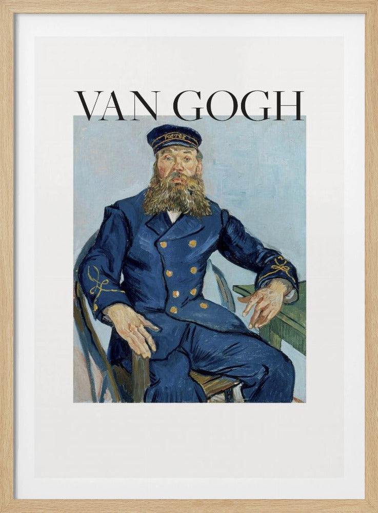 A framed art print of Vincent van Gogh's painting 'Portrait of the Postman Joseph Roulin'. The poster features the painting of a bearded man in a blue uniform, with the text 'VAN GOGH' in large black letters above it, all set against a white background and enclosed in a black frame. Print