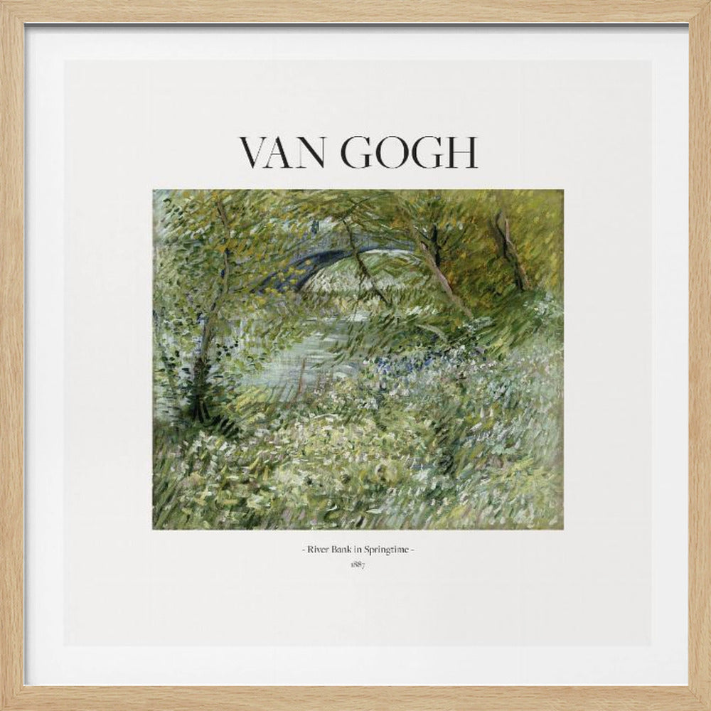 A framed art print of Vincent van Gogh's painting 'River Bank in Springtime'. The impressionist artwork depicts a lush green riverside scene with white flowers and a distant bridge, framed in light wood with a white mat. Wall Art