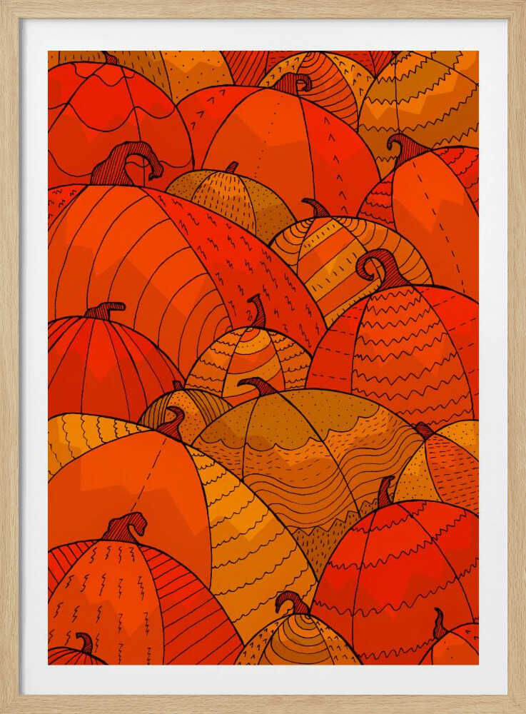 A stylized illustration of a dense patch of overlapping pumpkins. The pumpkins are various shades of orange, red, and yellow, and are decorated with intricate black line patterns, including zig-zags, stripes, and dots, creating a festive, autumnal pattern. Wall Art