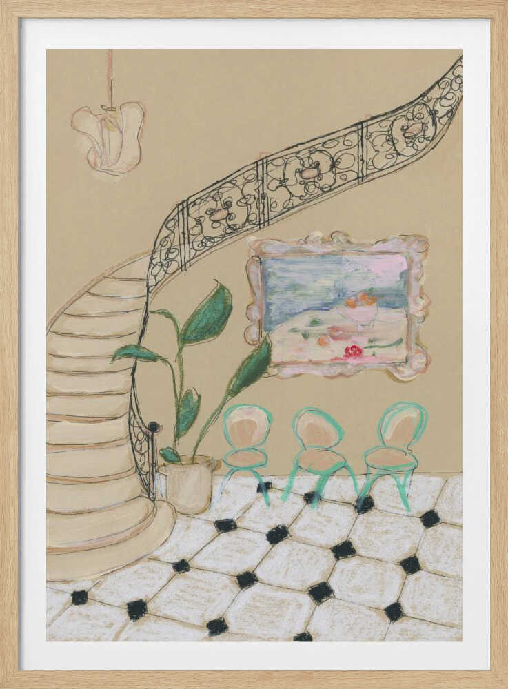 A framed illustration of an elegant interior scene. A curved staircase with an ornate black iron railing dominates the left side. Beside the stairs, a potted plant with large green leaves sits next to a wall with a small, framed painting. Below the painting are three small, mint-green chairs on a black and white checkered tile floor. Wall Art