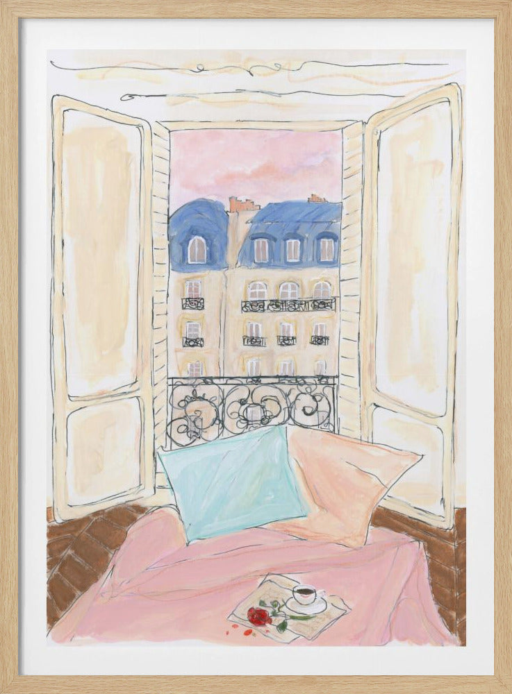 A watercolor illustration of a view from an open window in Paris. In the foreground, a cozy nook with a pink blanket, a blue pillow, a cup of coffee, and a red rose. Outside, traditional Parisian apartment buildings with blue mansard roofs are visible under a soft pink sky. Print