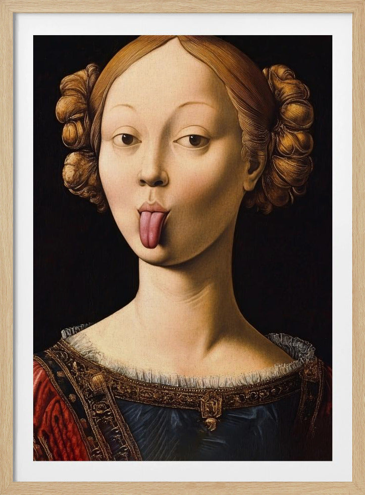 A Renaissance-style portrait of a woman with elaborate hair buns sticking her tongue out playfully. She wears a formal red and blue gown with gold trim against a stark black background. Poster