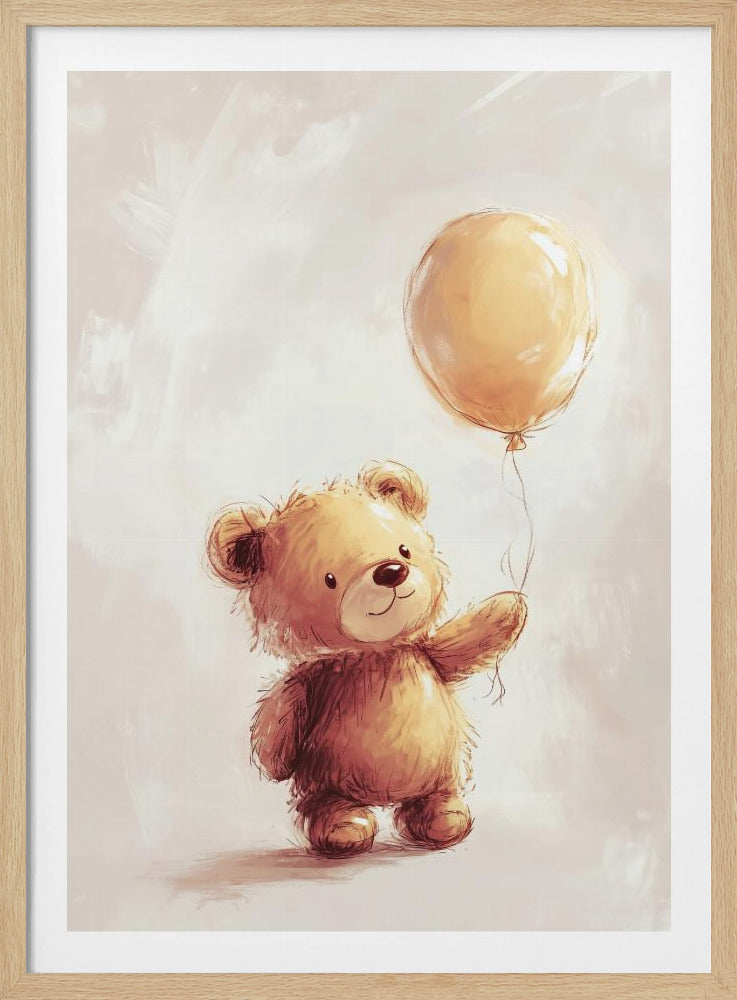 A charming watercolor-style illustration of a fluffy brown teddy bear standing and holding the string of a single yellow balloon against a soft, light beige background. Artwork