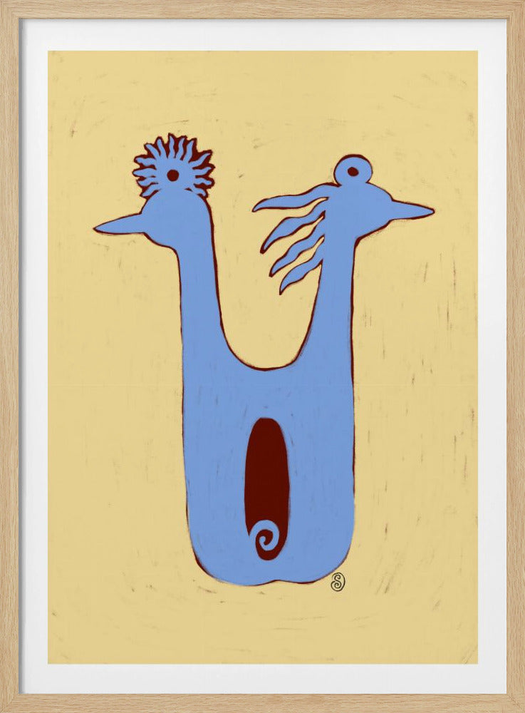 A whimsical, folk-art illustration of a two-headed blue creature against a textured pale yellow background. The creature has a U-shaped body with a dark red oval in the center. The two heads face opposite directions, each with a unique crest. The artwork is enclosed in a thin black frame. Poster