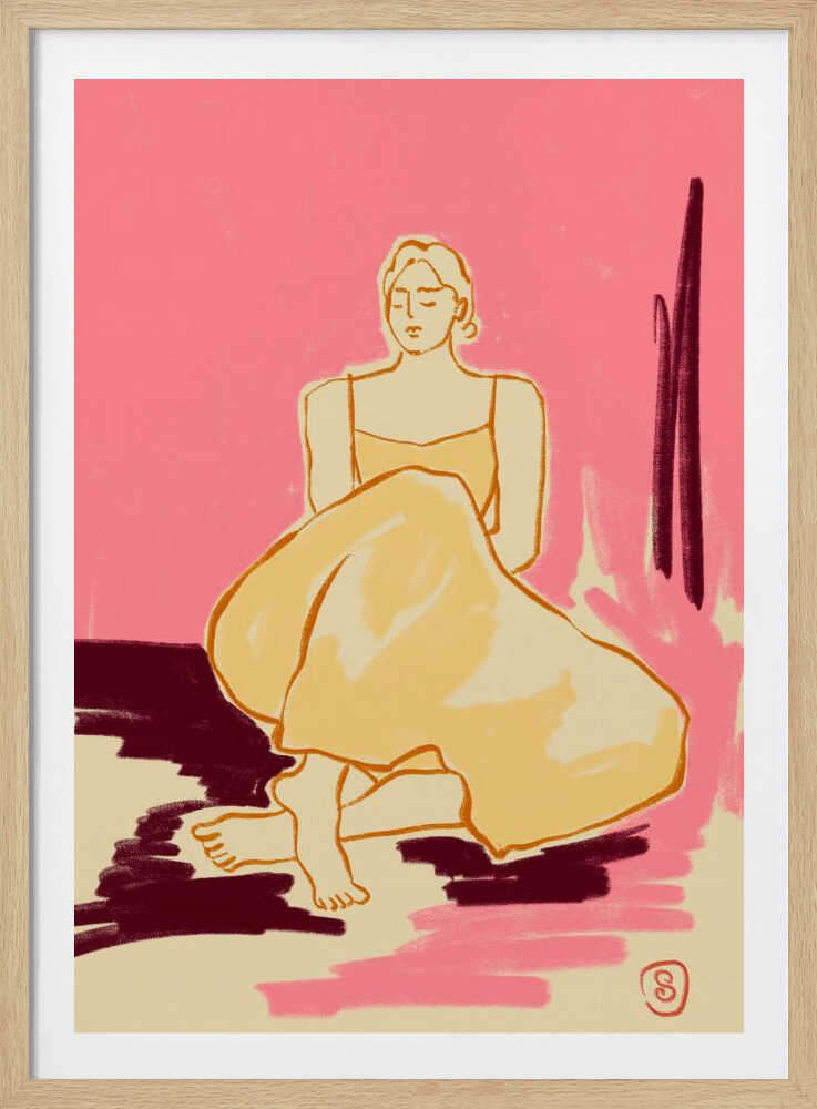 A minimalist illustration of a woman sitting on the floor with her eyes closed. She is wearing a yellow dress, and the background is a bright pink with patches of dark red and cream on the floor, rendered in a painterly style. Artwork