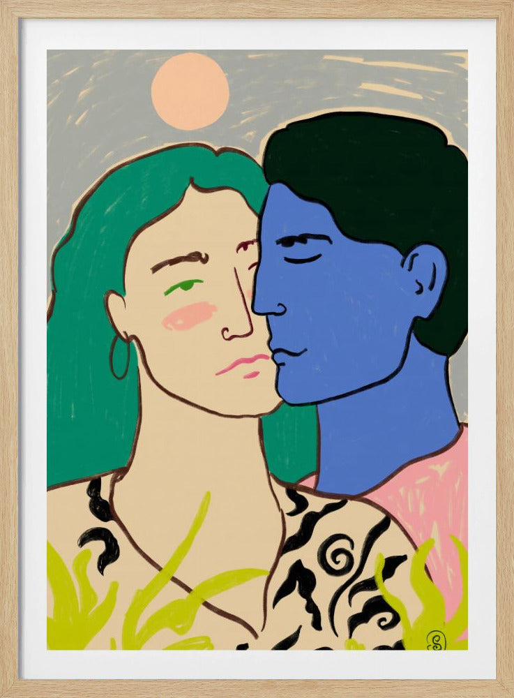 A modern art painting of a couple in an embrace. A woman with long green hair looks forward with a pensive expression, while a man with blue skin and dark hair leans in to kiss her cheek. The background is a soft blue with a pale pink sun, and green foliage is in the foreground. Artwork