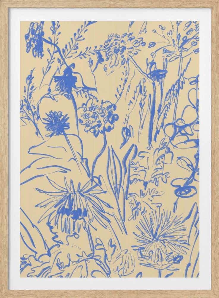An expressive blue line drawing of various wildflowers and foliage on a beige background, enclosed in a simple black frame. The style is loose and sketchy, creating a dense and vibrant botanical composition. Decor